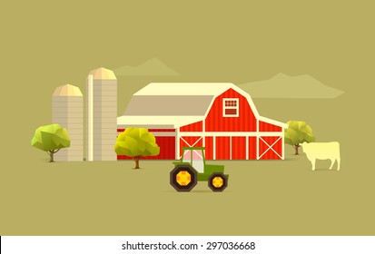 simples paisagem agrícola com vaca, trator e silo