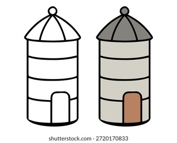 Simple farm silo illustration with a colored version and an outline version, clean and minimal style suitable for icons, UI design, stickers, educational materials, and agricultural graphics.