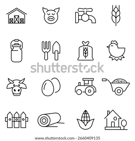 Simple farming icon line grid vector. Farming line icons related to farm, gardening, agriculture, vegetables, farm buildings, chicken, milk, egg, farm animals, seeding and more. Vector illustration. 