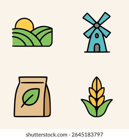 Simple farming themed illustrations featuring a bright field a wind powered mill organic bag and healthy grain plant