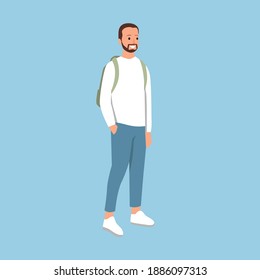 Simple fashionable man wearing long sleeve white shirt and blue jeans isolated on background flat vector illustration