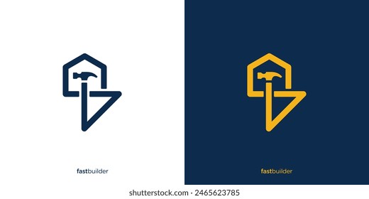 Simple Fast Builder Logo Design. Home, House, Hammer, and Lightning Symbol. Property Logo, Icon, Symbol, Vector, Design Template.