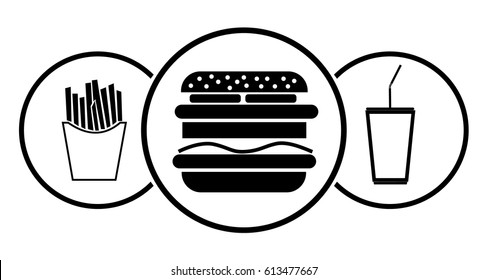 Simple Fast Food Icons In A Circle. Isolated On White. Advertising Food Court