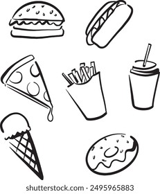 simple fast food icons, junk food items line art doodles, french fries and burger illustrations