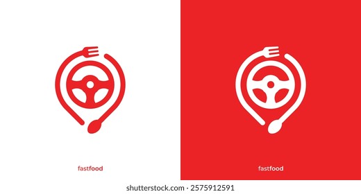 Simple Fast Food Logo. Spoon Fork Location and Steering Wheel Graphic Icons. Online Food Logo Design Template.