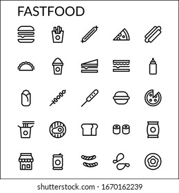 Simple Fastfood Set With Line Style Contain Such Icon as Burger, Sandwich, Sausage, Pizza, Chips and more. 48 x 48 Pixel Perfect