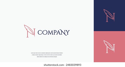 Simple feather signature logo design, lettering feather logo vector illustration
