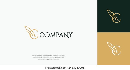 Simple feather signature logo design, lettering feather logo vector illustration