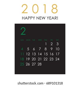 Simple February 2018 calendar. Week starts from Sunday.