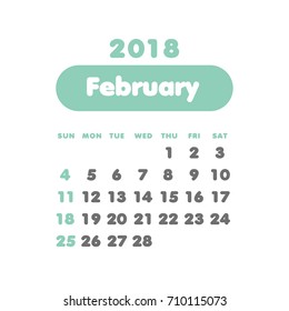 Simple February 2018 calendar. Week starts from Sunday.