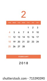 Simple February 2018 calendar. Week starts from Sunday.