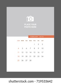 Simple February 2018 photo calendar. Week starts from Sunday.