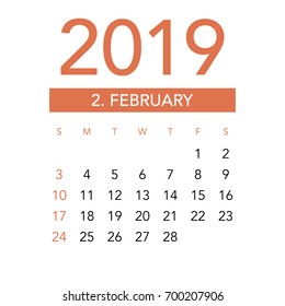 Simple February 2019 calendar. Week starts from Sunday.