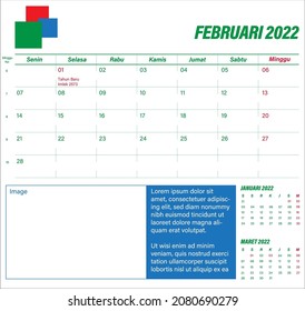 Simple february 2022 calendar template. Week starts on Monday. Sunday highlighted. With indonesia holidays highlighted. EPS 10 vector illustration, no transparency, no gradients