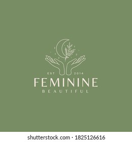 Simple Female Hand with Floral Moon And Star Beauty Line Art Logo Illustration Template Icon 