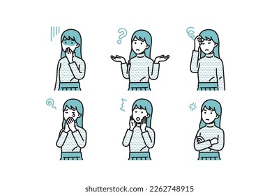 Simple female negative facial expression set illustration material