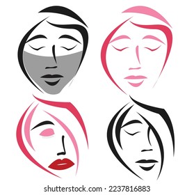 Diseño de ilustración de vector de contorno femenino simple. Un juego de retratos en la cabeza de una joven. Frente de tres dimensiones, perfil, tres cuartos, giro de. Esbozo de línea realista de cierre.