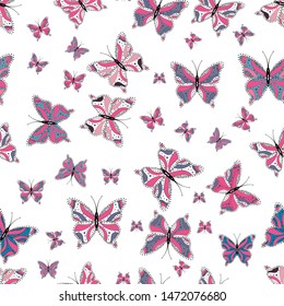 Simple Feminine Pattern for Card, Invitation, Print. Summer Background with butterflies pink, white, blue colors. Trendy Decoration with Beautiful Butterfly Silhouettes. Vector Background with Moth.