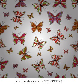 Simple feminine pattern for card, print, invitation. Collection of colorful butterfly on white, orange and black background. Seamless. Vector illustration. Suitable for paper, fabric, packaging.