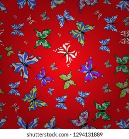 Simple feminine pattern for card, print, invitation. Suitable for paper, fabric, packaging. Seamless. Vector illustration. Collection of colorful butterfly on red, blue and white background.