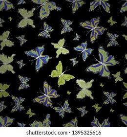 Simple feminine pattern for card, print, invitation. Seamless. Vector illustration. Collection of colorful butterfly on black, green and violet background. Suitable for paper, fabric, packaging.
