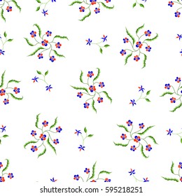 Simple Feminine Pattern in Country Style. Seamless Random Ornament with Tiny Cute Flowers on Light Background. Gentle Calico for Textile, Fabric, Wallpaper. Girlie Small Floral Decor. Natural Design