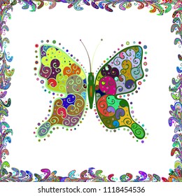 Simple feminine pattern for invitation, card, print. Vector illustration. Seamless. Butterfly on white, green and blue background. Random white, green and blue butterfly cute pattern.