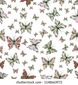 Simple feminine pattern for invitation, card, print. Seamless. Butterfly on white, green and neutral background. Vector illustration. Random white, green and neutral butterflies cute pattern.