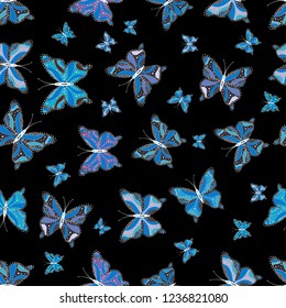 Simple feminine pattern for invitation, card, print. Repeating insect fabric clipart for garments. Flying butterfly linen theme Vector. Contrast seamless butterfly cloth template on blue, black, gray.