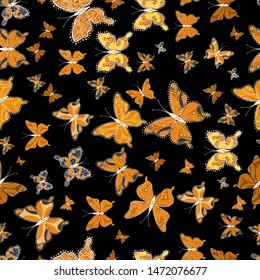 Simple feminine pattern for invitation, card, print. Butterfly on white, black and orange background. Vector illustration. Seamless.