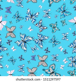 Simple feminine pattern for invitation, card, print. Repeating insect fabric clipart for garments. Flying butterfly linen theme Vector. Contrast seamless butterfly cloth template on white and blue.