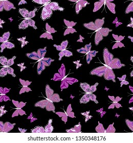 Simple feminine pattern for invitation. Contrast seamless butterfly cloth template on black, violet and white. Flying butterfly linen theme Vector. Repeating insect fabric clipart for garments.