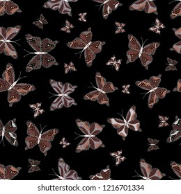 Simple feminine pattern for invitation, print. Flying butterfly linen theme Vector. Repeating insect fabric clipart for garments. Contrast seamless butterfly cloth template on black, brown, white.