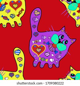 Einfache feminine Muster für Druck, Karte, Einladung. Tiersilhouette. Tapete, Stoffdesign und Dekoration. Nahtlose Muster von Doodles Katzen auf violett, gelb und rot. Vektorillustration.