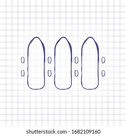Simple fence sign. Hand drawn picture on paper sheet. Blue ink, outline sketch style. Doodle on checkered background