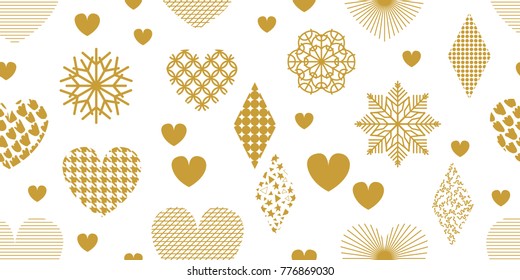 Simple festive background with golden hearts, ornaments and decorations. Seamless vector pattern for Valentines Day cards, birthday invitations, packaging and textile design.