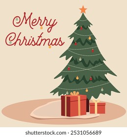 Simple and festive Christmas card featuring a decorated tree with ornaments and gifts underneath. The message Merry Christmas is written in red above, creating a cheerful holiday greeting