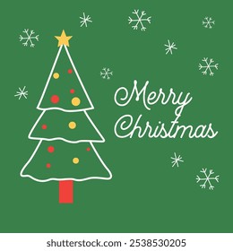 Simple and festive Christmas card featuring a decorated tree with ornaments, snowflakes, and the greeting Merry Christmas on a green background. Perfect for holiday greetings and seasonal decor