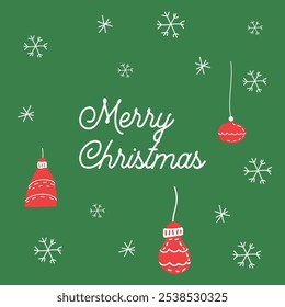A simple and festive Christmas card with Merry Christmas greetings on a green background, white snowflakes and red Christmas tree decorations. Ideal for holiday greetings and seasonal decor.