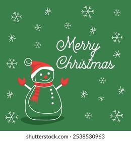 A simple and festive Christmas card with Merry Christmas greetings on a green background, white snowflakes and a snowman. Ideal for holiday greetings and seasonal decor.