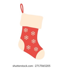 Einfache festliche Weihnachtsstrumpf Illustration für Feiertagsdekoration, Geschenke, Grußkarten, Winterdesign, Kinder, saisonale Drucke, gemütliches Interieur, Kindergarten Kunst. Flat Vektor. Handgezeichnet. Einziger Hintergrund.
