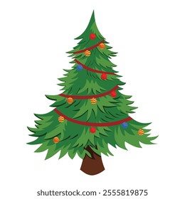 A simple, festive Christmas tree adorned with colorful baubles and a red ribbon.