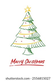 Simple and festive christmas tree, hand drawn lineart of christmas tree, ideal for christmas card, festive poster, holiday card and any christmas theme design project