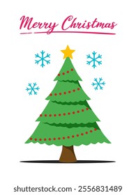 Simple and festive christmas tree with snow flakes illustration, ideal for christmas card, festive poster, post card and any christmas theme design project