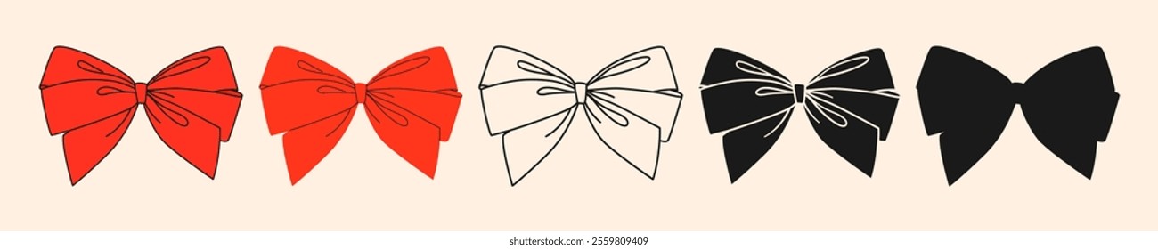 Simple festive decorative red ribbon outline silhouette negative bows for gifts on white background. Icon for wrapping gifts for birthday, Christmas, New Year. Isolated flat hand drawn vector EPS10