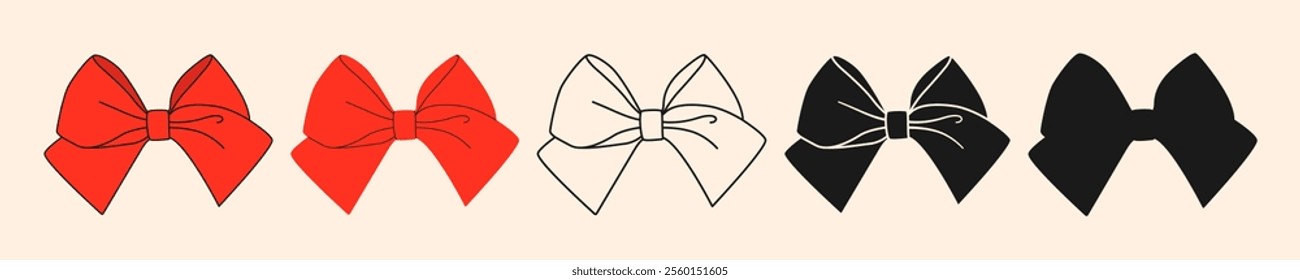 Simple festive decorative red ribbon outline silhouette negative bow in different styles. Icon, element for wrapping gifts for birthday, Christmas, New Year. Isolated flat hand drawn vector EPS10