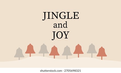 Simple festive design with repeating red and gray bells on a snowy hill, paired with elegant "Jingle and Joy" holiday message.
