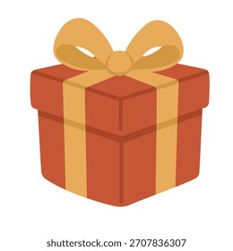 Simple festive gift package with ribbon and bow, flat warm colors for holiday decoration.