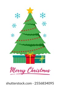 Simple and festive illustration, featuring christmas tree, gift box, snow flakes, and 'merry christmas' text, ideal for, christmas card, festive poster, and any christmas design project