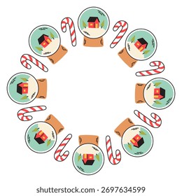 Simple festive round frame with Christmas decor globe and cane. The simple vector design perfect for Christmas and New Year decorations or holiday greetings.